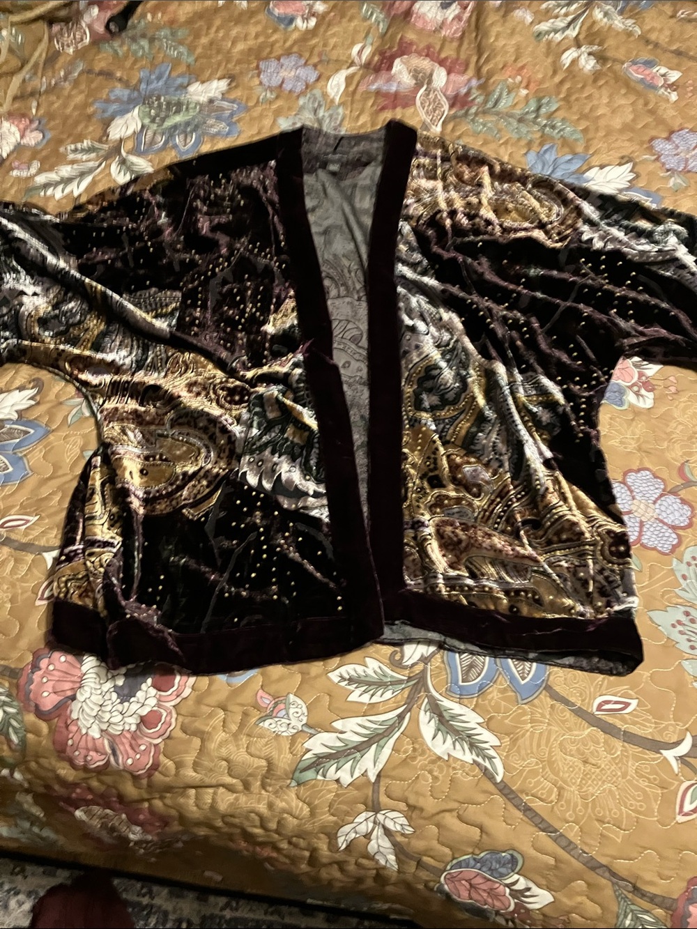 Chico's Velvet Paisley Open-Front Kimono Jacket - Brown, Gold, Black